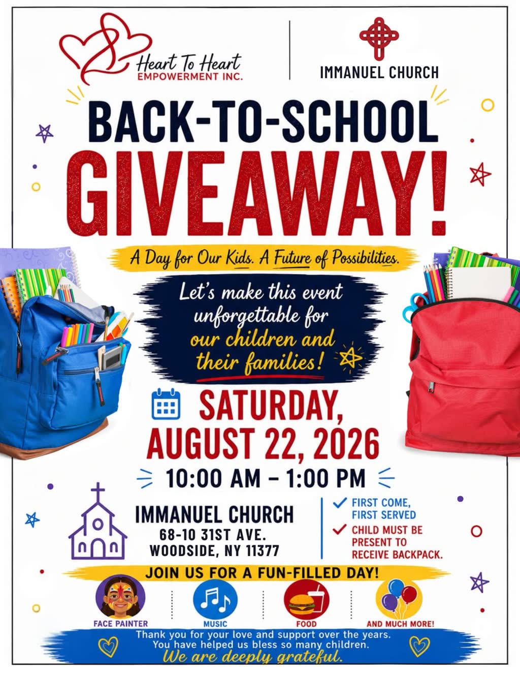 Flyer for Immanuel Church's Back to School Giveaway on August 22, 2026