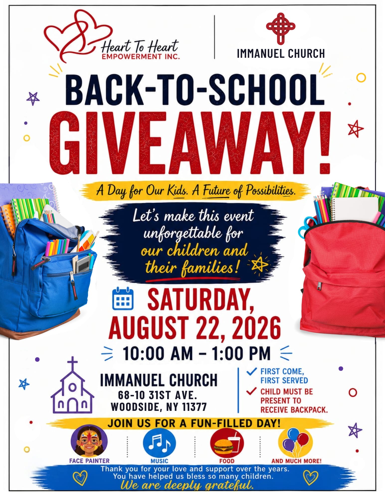 Flyer for Immanuel Church's Back-to-School Giveaway on August 22, 2026