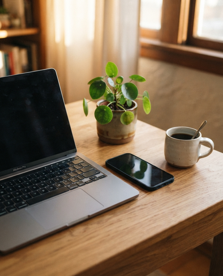 A laptop and a phone resting together on a warm wooden desk — a quiet invitation to reach out